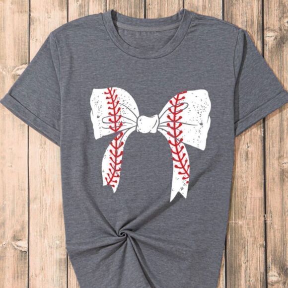 Baseball Bow Rolled Sleeve T-Shirt - Picture 2 of 2